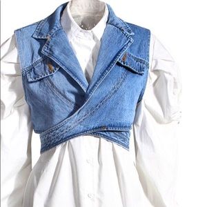 Women Blue Denim Single Breasted  Long Puff Sleeve Shirt Fashion